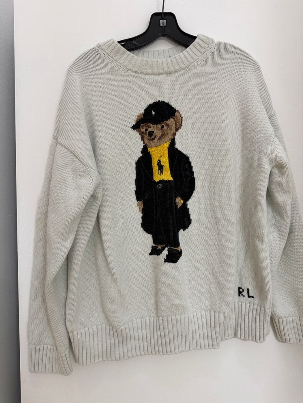 Ralph Lauren Cream Crewneck Sweater with Bear Graphic and Yellow Polo Detail